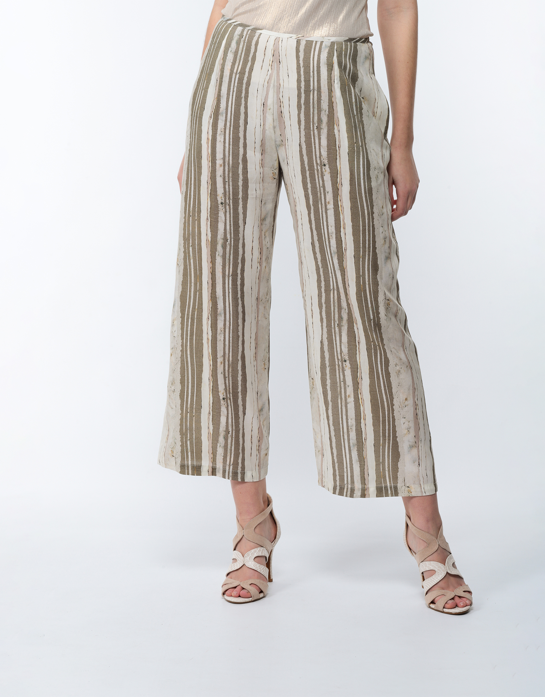 Summer trousers 7/8 in viscose and silk printed striped khaki and ivory 